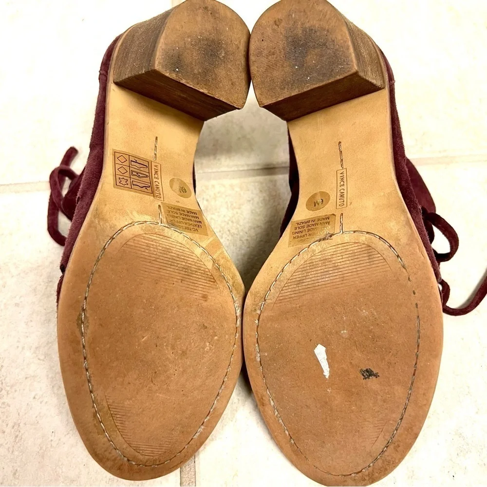 Vince Camuto Tressa Bootie Women Burgundy Suede Laced Back Zip Open Toe Heels 6M